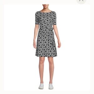 Lands' End Black and White Floral Dress, Elbow Sleeves, 2X